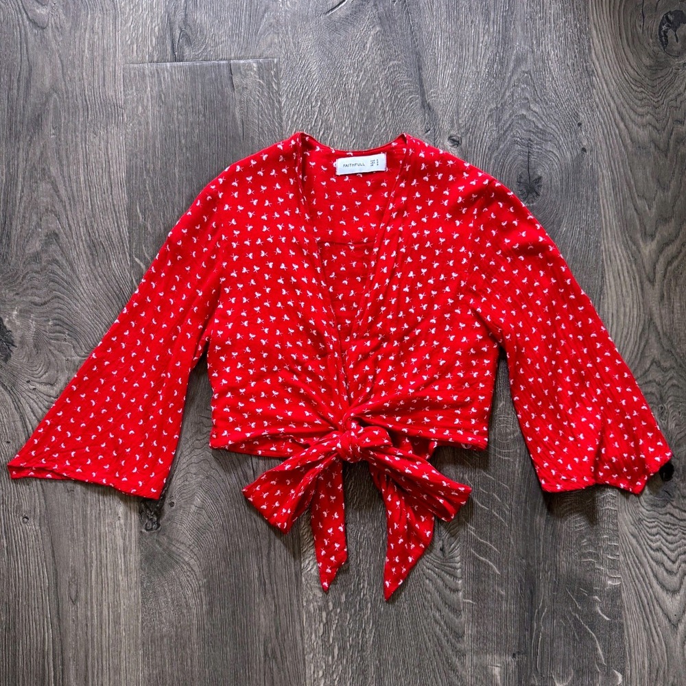 Faithfull The Brand Floral Tie Front Crop Top US 2 Red Rayon Bell Sleeve Wrap 6